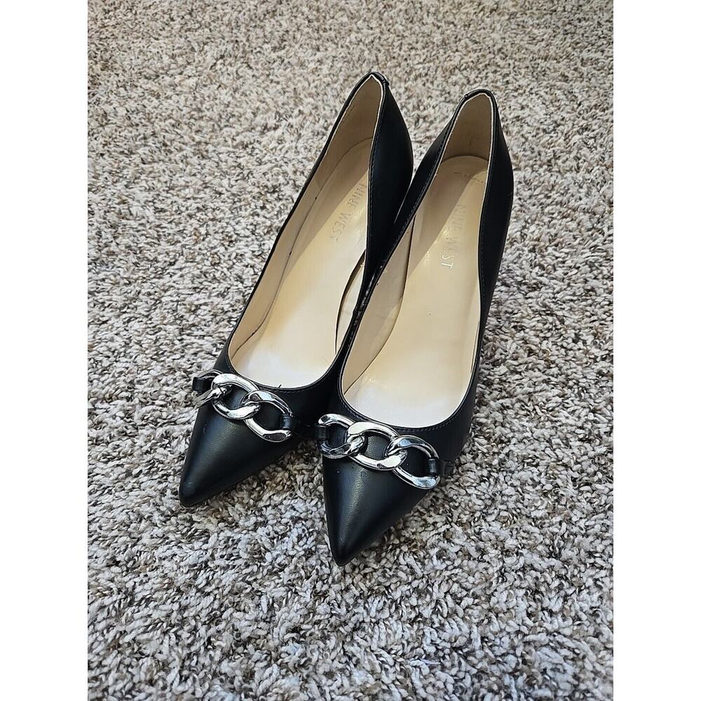 EUC Nine West Black With Silver Chain Accent Leather Stiletto Heels Size 8.5M